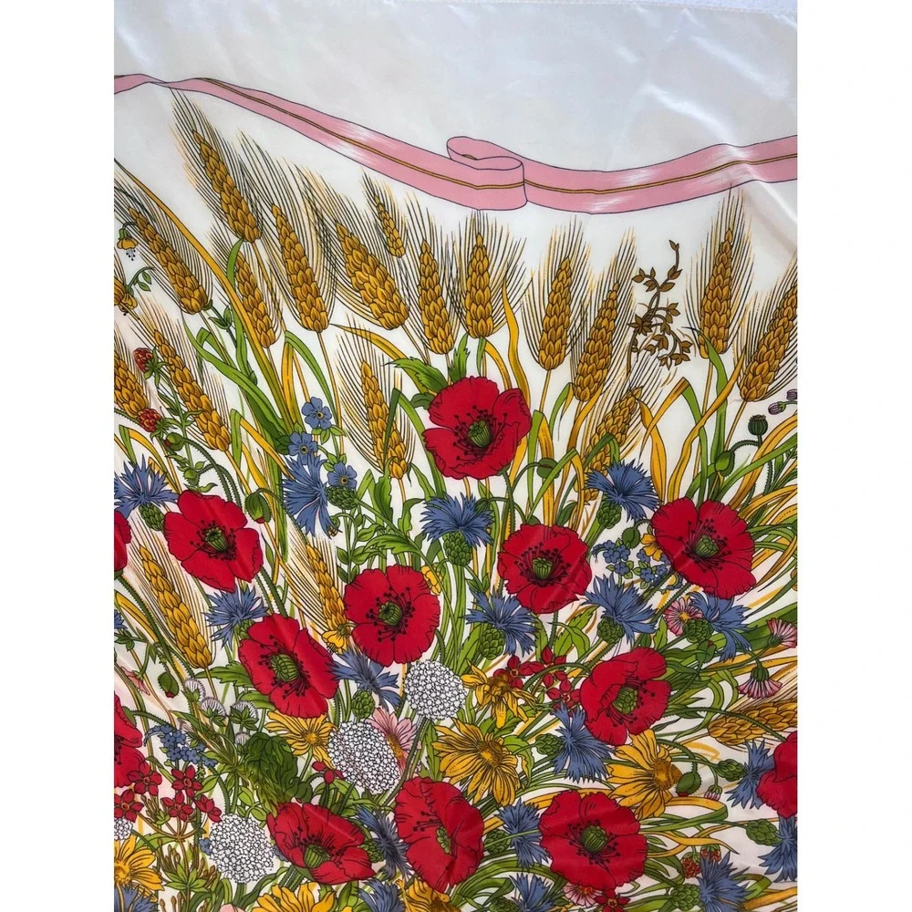 Next Accessory Vintage Square Scarf Red Poppy Wheat Floral Ribbon Ivory 34in